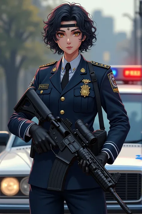  Create an image of my BOPE police dress, As a lieutenant ,  in front of DP , with a police car on the side ,  make me holding an m4 in my hand ,  and a little dot on the chest ,  make me with curly black hair ,  black forehead band ,  brown eyes ,  scratc...