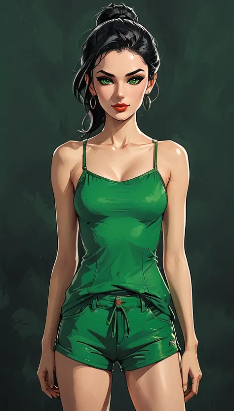 close up portrait girl  in a green t-shirt and green shorts at the dark black background, adult, [European], Ectomorph elongated body, slim body, skinny, perfect white skin, Long Diamond type Face, Long slim neck, broad shoulders, long slim thin arms, long...