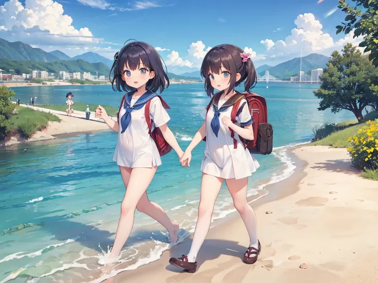 2girl,Naked girls walk happily on the riverbed in the city , backpack,Naked girls walk happily, sailor suit ,Lower body exposed,Touching pussy 