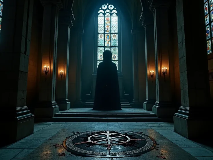 A dark, gothic church interior with towering stone columns and intricate stained glass windows casting colored light across the room. In the foreground, a cold, stone altar stands with ancient, bloodstained symbols etched into its surface. The atmosphere i...