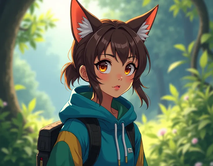  create an anime-style image of a girl with cat ears, olhos lips, tied hair, lips, Brown skin, with clothes in blue ,  green and other complete colors ,  clothing style should be adapted for exploration 