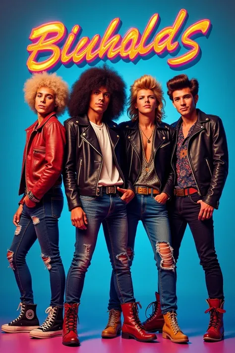 Create a vibrant retro album cover inspired by a 1980s rock band. Feature four band members with wild hairstyles and edgy clothing—leather jackets, ripped jeans, and bold accessories. Incorporate bright colors and dynamic poses. Use a prominent band name i...