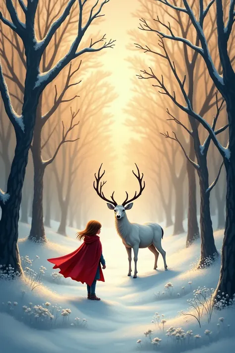  A withered white forest ，Snowflakes ， A girl wearing a red cape ，A white deer ， A distant background with layers of sunlight overlaying gradients ， A warm feeling on a cold day ， Use paper art layers to build a piece of art
