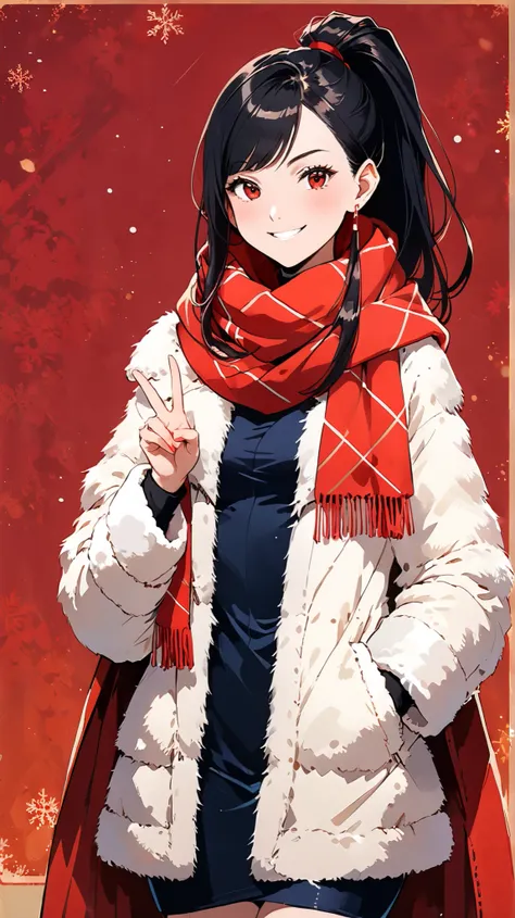 (in style of ashley wood:1.1),
1girl, (black split high ponytail, hair behind ear, side swept bangs:1.4),(long sidelocks:1.4), (small breasts:1.5), wide hips, looking at viewer
BREAK
(Fur coat,Layered Winter Dress ,red square warm scarf:1.5),(head tilt, fu...