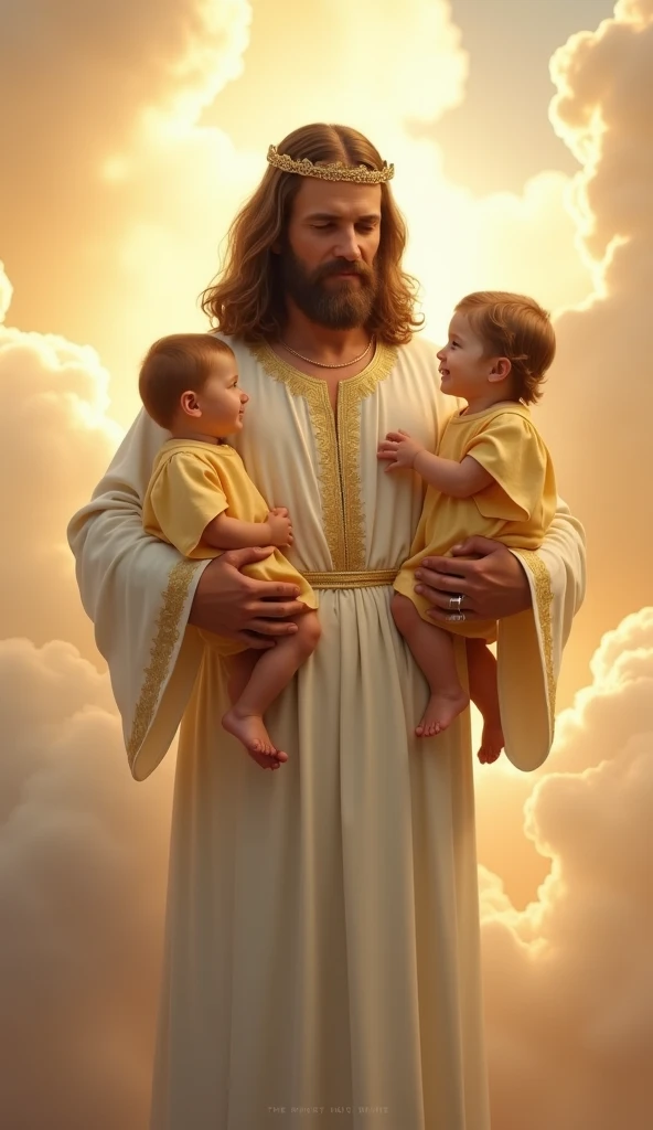 Create a full-length image of Jesus with medium-length, wavy, light brown hair, wearing a white robe with gold embroidery and a simple gold crown. He stands amidst radiant, glowing clouds, gently holding two babies dressed in soft yellow. One baby is about...