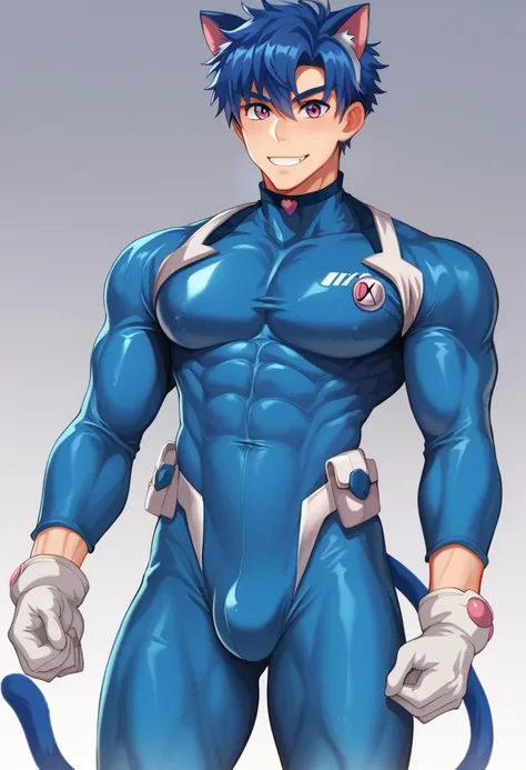 A young anime cat boy wearing a skin tight suit, hero suit, cat ears, blue cat tail, blue hair, pink coloured eyes, pure blue suit, white gadget belt, white gloves, he has: (muscular physique, big tight crotch, he is erect, anime boy, human with cat featur...