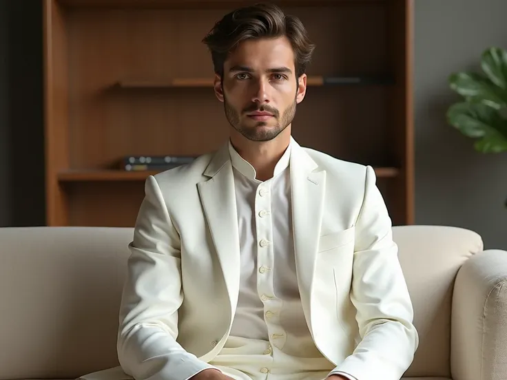 One man
 18year old are setting  in sofa , a dressed in a jodhpuri suit, wearing a white suit,full body picture,