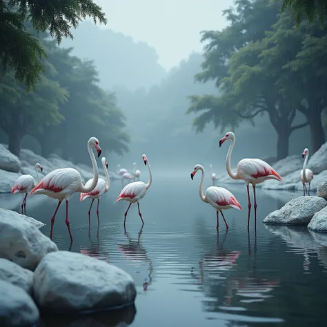  Create a lake with some white flamingos ,  this lake has some white rocks surrounding it on a rainy day, light and shadow, Flare of light reflecting on the river 