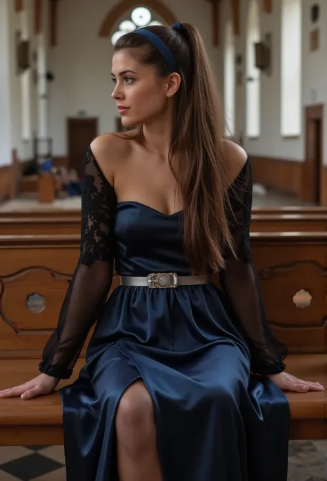 young brunette german woman, beautiful eyes. long brunette hair with ponytail. hairband, long dress in dark blue shiny satin with black lace sleeves, Tights, silver Satin ribbonbelt, transparent lip gloss, narrow building, Pretty, 2, Full body photo, long ...