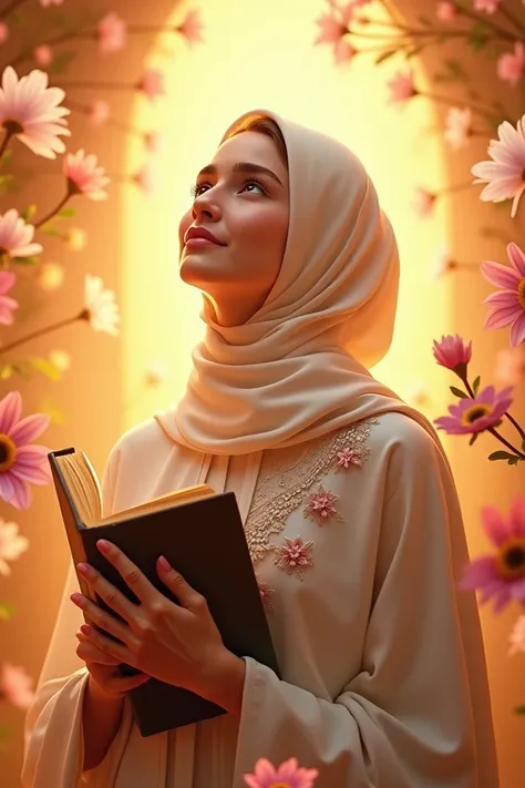 "A serene and angelic depiction of a young woman wearing an elegant, pastel-colored hijab adorned with delicate floral embroidery. She holds the Quran close to her chest while gazing upward with a look of hope and devotion. Surrounded by vibrant, glowing f...