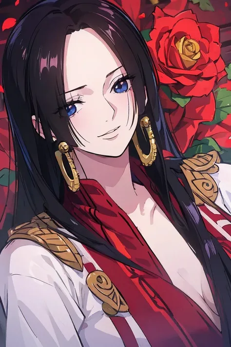 best quality, masterpiece, highly detailed,1girl,  ((rose)), (vine), cage, bandage, red rope, (detail light), falling rose petals, Boa Hancock,, (masterpiece:1.5), Detailed Photo, Smiling,(8K, Photorealistic, Best Quality: 1.4), (1girl), Beautiful Face, (a...