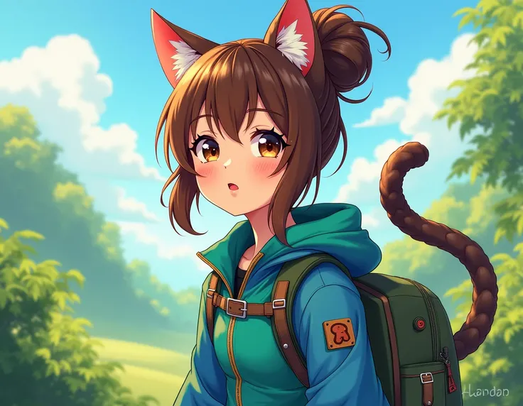  create an anime-style image of a girl with cat ears, olhos lips, Hair tied in a bun, lips, Brown skin, with clothes in blue ,  green and other complete colors ,  clothing style should be adapted for exploration 