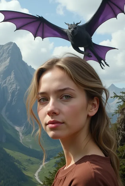 a 17-year-old adult girl ,  blonde hair and wavy green eyes white skin on the background mountains with realistic dragon giant black with purple scales flying in the background 