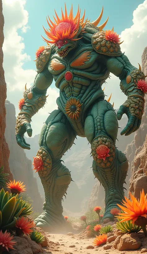 "An awe-inspiring hybrid fusion artwork featuring colossal creatures blended seamlessly with succulent plant characteristics. These towering beings have bodies adorned with vibrant, fleshy succulent textures, with scales and armor resembling aloe leaves an...