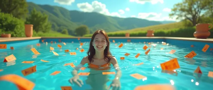 Create landscape view of a happy young woman inside a pool filled with Shopee discount coupons. 