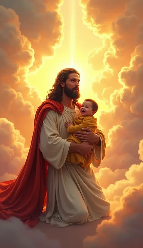 Illustrate Jesus kneeling amidst vibrant, angelic clouds, wearing a white tunic with a red shawl, no crown. In his arms, he cradles a laughing baby, about , wrapped in a golden blanket. A warm glow radiates around them, emphasizing harmony and joy. Format ...