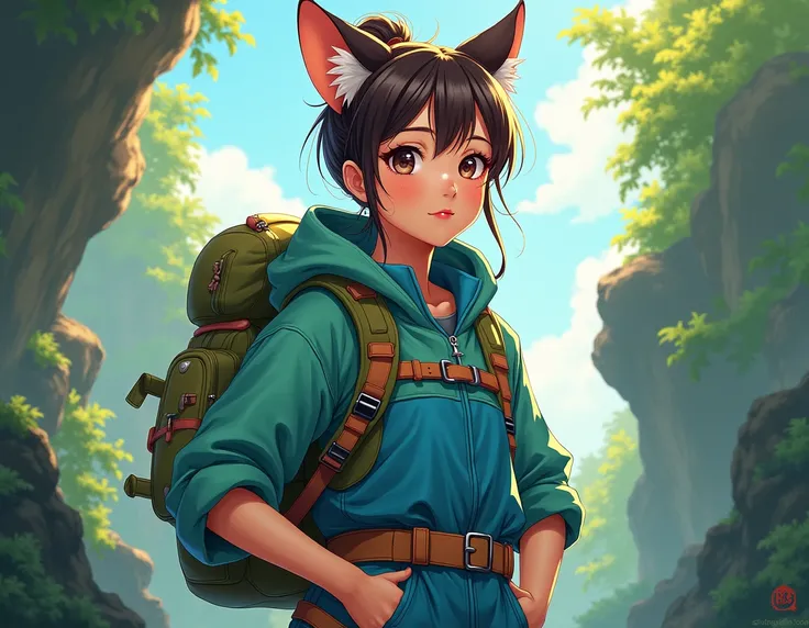  create an anime-style image of a girl with cat ears, olhos lips, Hair tied in a bun, lips, Brown skin, with clothes in blue ,  green and other complete colors ,  clothing style should be adapted for exploration , and a belt covering your body 