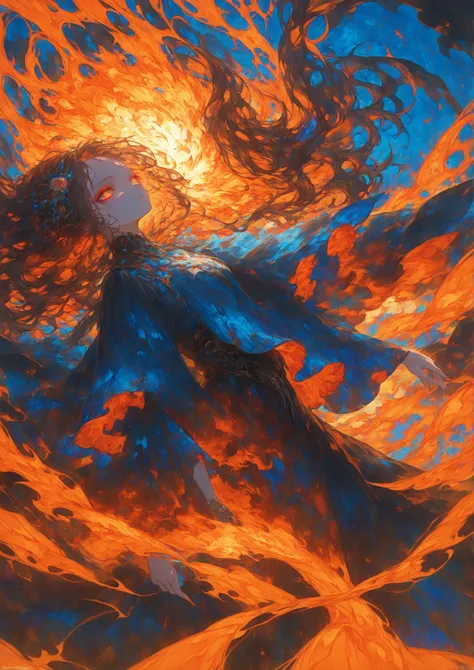  Masterpiece, high quality, high resolution, 16K, ultra detailed background, hyper realistic, digital painting, dark fantasy, maiden on fire, long eyelashes, beautiful skin, long hair with burning flames, gradient hair color of red, orange and blue flames,...