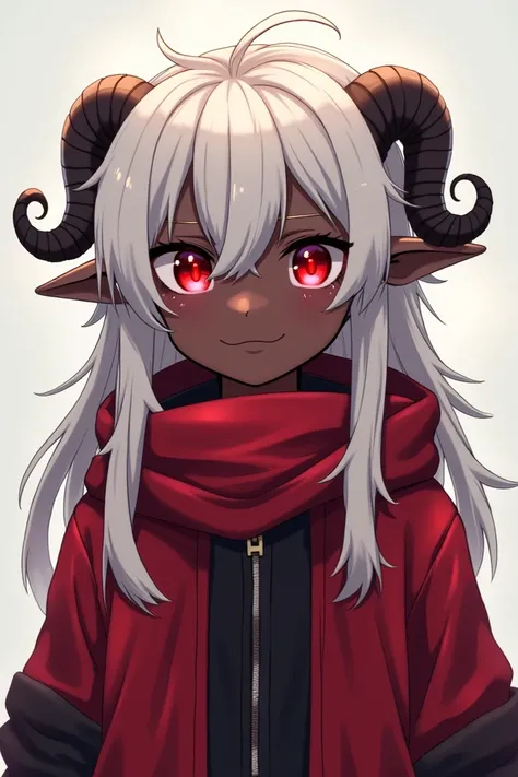 Generate an image of a anime dark skinned anime boy with red pupils on his eyes and white dread locks and long sheep like ears and small swirling horns that stand out a bit who is wearing a long red scarf with a red hoodie with a black interior long sleeve...