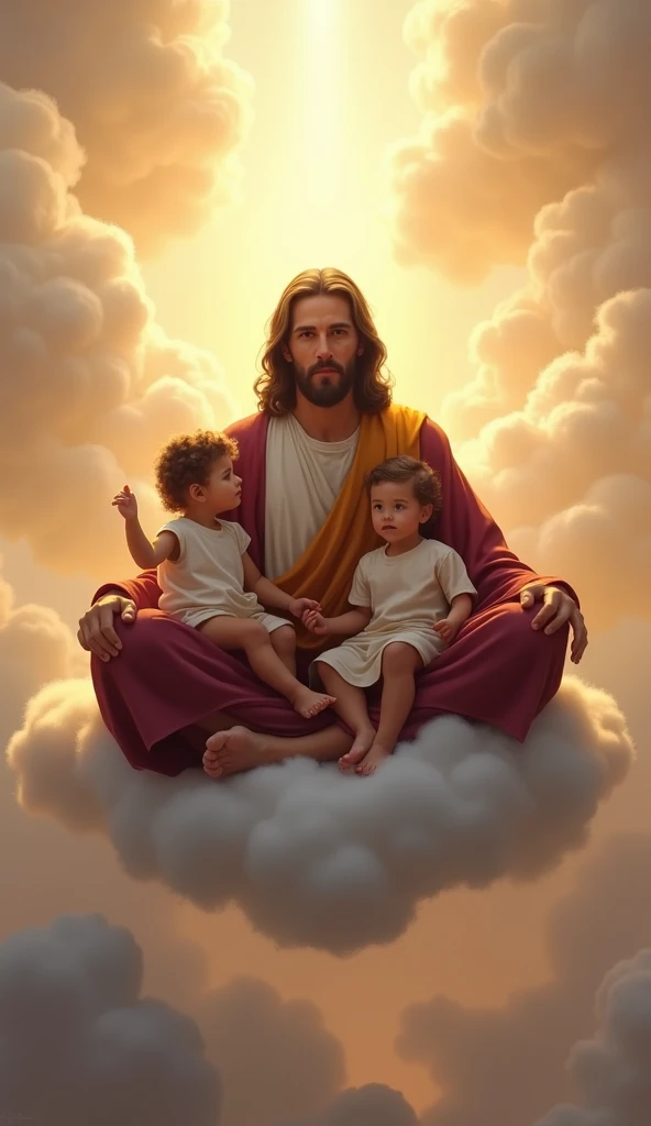 Design an image of Jesus sitting cross-legged on a floating, glowing cloud, surrounded by faintly visible angelic silhouettes. He wears a robe in deep burgundy with a golden sash. Two toddlers, about , play joyfully around him, one holding his hand and the...