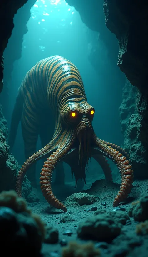 A grotesque tiger-octopus hybrid lurks in an underwater cave, illuminated by eerie bioluminescence. Its striped body bristles with fur, blending seamlessly into undulating tentacles tipped with sharp claws. Ink clouds the water as it prowls among the jagge...