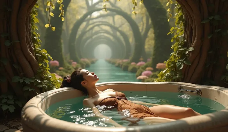 A stunning portrait of a Korean princess lounging in a luxurious and modern jacuzzi beneath a towering ancient tree in a fairy-tale garden. The scene is filled with magical fog and lush ivy plants surrounding her. Brown color sexy dress,The atmosphere is m...