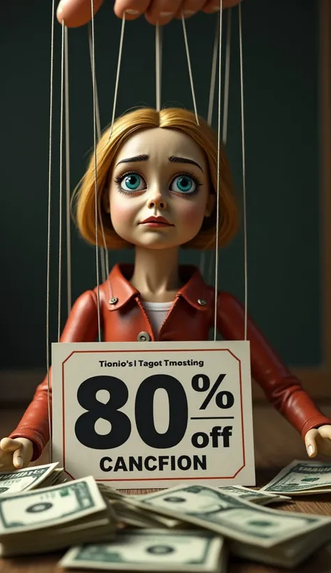 A hyperrealistic image of a close-up of a puppet of a sad woman teacher, with strings, with a discount coupon of 80% off. On a catwalk. Wads of bills. Sarcastic image.
