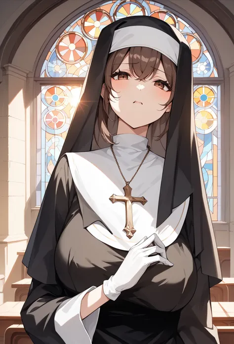 Anime-style character, source_anime, neolight, backlighting, light rays, 1girl, adult woman, beautiful, best perfect anatomy, A pale anime mature woman, nun (black nun habit, white glove), 1 woman, lonely, round cheeks, chocolate brown eyes, long hair, dee...