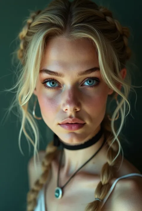 
sexy young lady, braids, girl, beautiful, beautiful face, pale skin, freckles, blonde hair, water green eyes, lábios carnotdos e brilhantes, dark blue gloss, skinny thighs, petite body, skinny, pretty nails, choker, cute earrings, shirtless, sweaty, perfe...