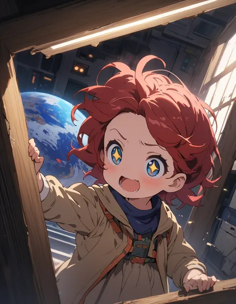 An absurd solution,  high definition , (  Masterpiece : 1.4), 超  Details,  one young woman ,  short red hair,  pilot suit in the ruins of the city,  princess your toddler, I&#39;Very small, Closed mechanical control room,  and looking out the window.,  You...