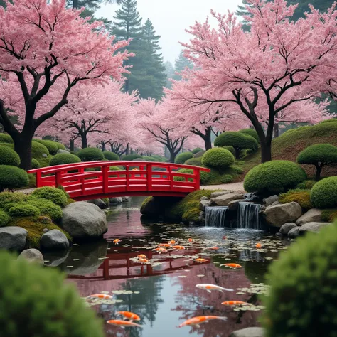 A charming Japanese garden in full bloom, featuring a koi pond surrounded by cherry blossom trees. A red wooden bridge spans the pond, and the soft sound of a bamboo water fountain enhances the tranquil atmosphere