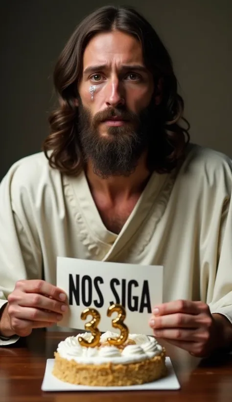 A realistic image of Jesus Christ with a long beard and shoulder-length hair, wearing a simple white robe. He is seated at a wooden table. He has a serious and slightly emotional expression, with his mouth slightly open and tears streaming down his face. H...