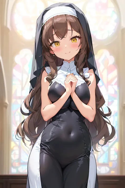 a young slim girl in a nun outfit standing in front of a stained window, anime girl wearing a black dress, anime visual of a cut...