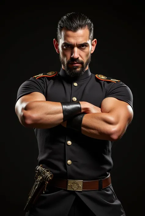 sensual man,seductive look,but very dangerous and frightening ,  arms crossed and wearing a uniform of the Spanish Royal Guard,  the man is tall and very muscular , well-groomed short black beard and short black hair . high resolution,  masterpiece , Neces...