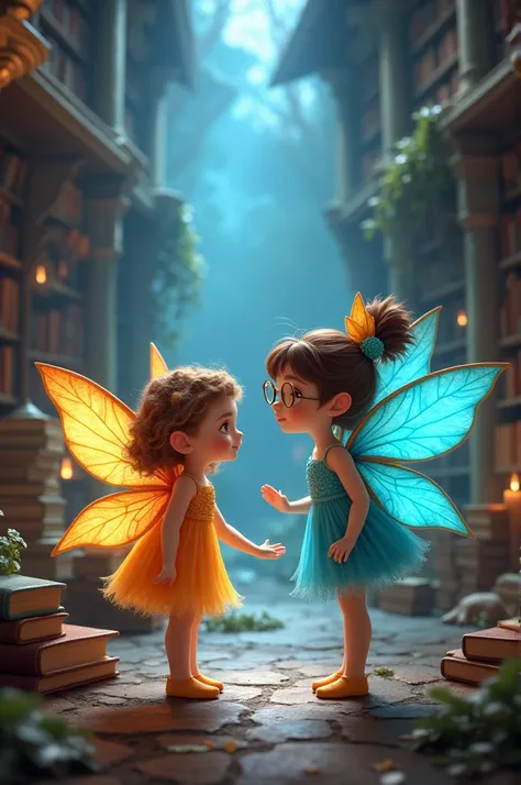  Fairy helpers ,com bright wings azuis, helper clothes ,Do you have glasses ,library background, fantasy world, brown hair with magic,bright wings 