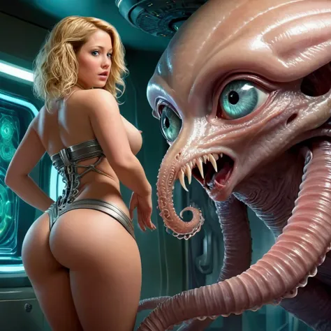 (realistic,photorealistic,photo-realistic:1.37),sci-fi,fantasy,inside a bio technology UFO, soft color tones,(buxom woman,big butt,dressed appropriate to the scene, hypnotized, docile, unafraid),tentacles envelop the womans limbs and suspend her in the air...