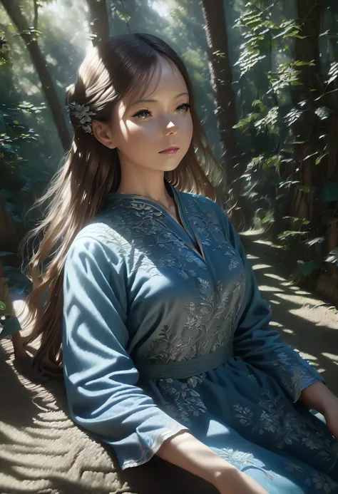 a beautiful girl in a blue ao dai dress, flowing long hair, delicate features, graceful pose, serene expression, intricate floral patterns on the dress, sunlight filtering through trees, lush green foliage, atmospheric lighting, (best quality,4k,8k,highres...