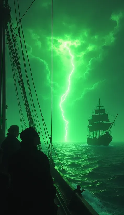 A dramatic scene of a green light bursting across the horizon, reflecting off the oceans surface. The ships are illuminated by the eerie glow, and the crew looks up in confusion and fear.