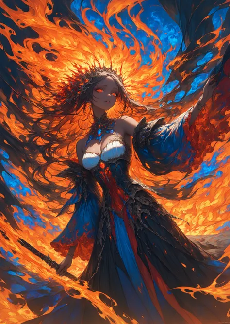  Masterpiece, high quality, high resolution, 16K, ultra detailed background, hyper realistic, digital painting, dark fantasy, flame war maiden, long eyelashes, beautiful skin, long hair with burning flames, gradient hair color of red, orange and blue flame...