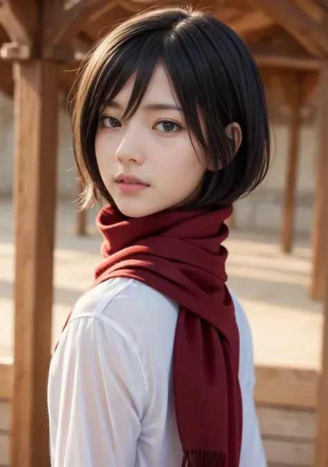 Mikasa, Masterpiece, Best quality, A high resolution, Short hair, Black eyes,  Red scarf,upper body, Highest quality, high resolution,cute face 