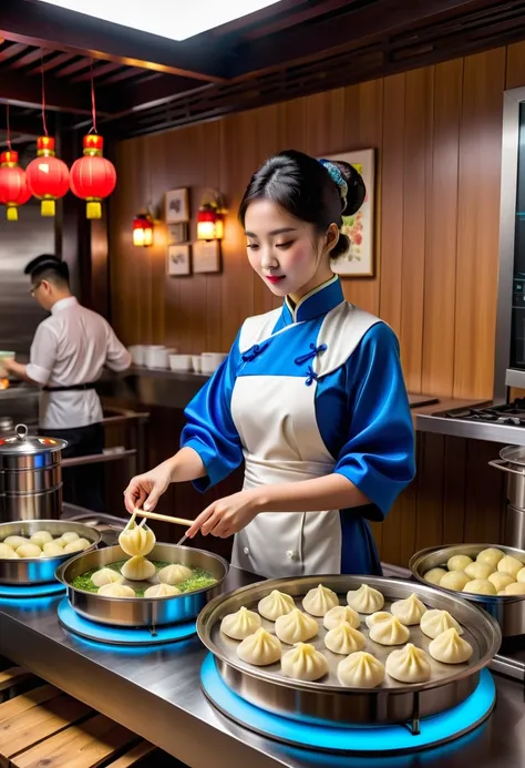 Advanced food factory，droid，(Wrapping traditional Chinese crescent dumplings:1.5)，Futuristic atmosphere，droid，large tall，Silver metal body，Flashing blue LED light，Human-like dexterity，Precise，The Arm，Equipped with，precision tools，sensor，大workedmpling wrapp...