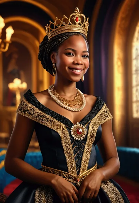 a black royal woman from angola, african braided hair, sensual, perfect body, cute smile, princess dress, royal crown, palace interior, intricate details, dramatic lighting, cinematic composition, vivid colors, photorealistic, digital painting