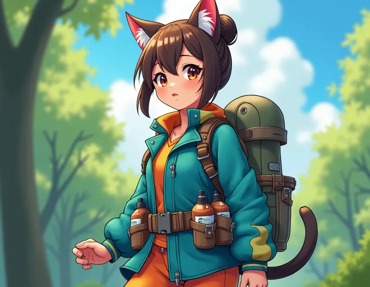 create an anime-style image of a girl with cat ears, olhos lips, Hair tied in a bun, lips, Brown skin, with clothes in blue , green and other complete colors , clothing style should be adapted for exploration , and a belt for carrying bottles covering your...