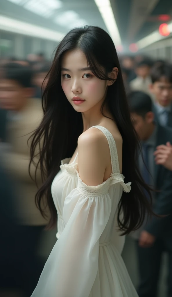 (RAW photo, realistic photo, high quality, masterpiece), ((100 men are rushing into train station and surrounding a woman)), A young Japanese woman with smooth, porcelain skin and long, silky black hair cascading down her back. She has delicate, almond-sha...