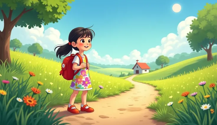 "A  named Linh, wearing a colorful dress and a small red backpack, is standing in front of her house. She is looking determined and excited. The sun is shining brightly in the sky, and there are green fields and a winding dirt path ahead. A few trees line ...