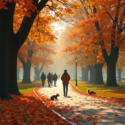 A quiet park in the fall, where leaves in shades of orange, red, and gold gently fall from the trees. People stroll along the paths, breathing in the crisp, fresh air, while squirrels play in the piles of leaves. The atmosphere is one of calm and contentme...