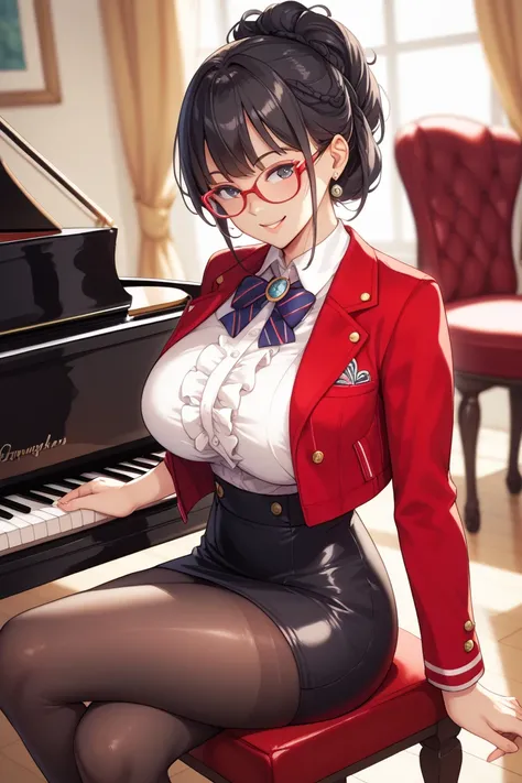 ３０age、 Japanese woman with a viewing angle of、 Female Teacher、 black hair、 curl up your hairstyle 、Glasses、Big Breasts、 slender 、Muscular，white ruffled blouse、 red jacket， Red Tight Skirt 、 Black Leggings、Smiling calmly，School。Music Room、 grand piano 、Sit ...