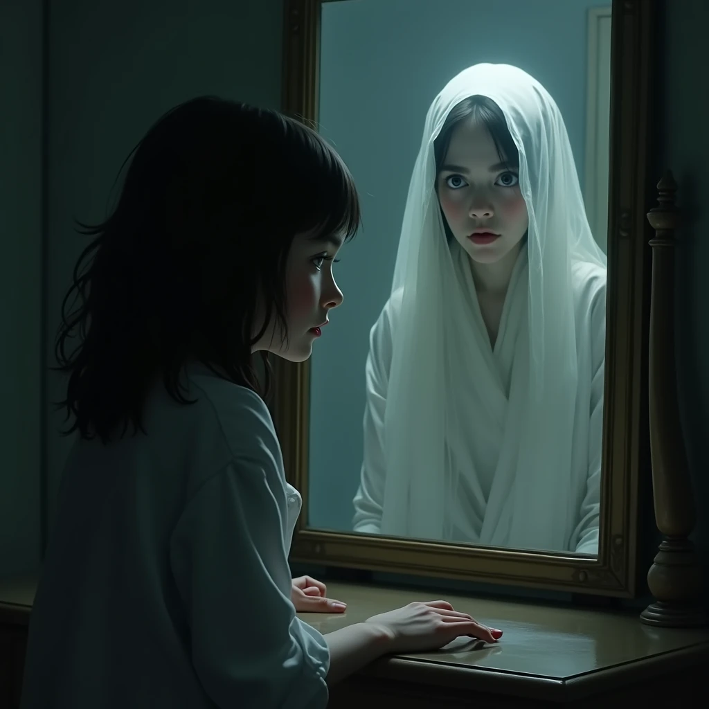 Girl looking in the mirror and the reflection is a ghost in a sheet 