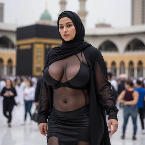 Niqab fat Curvy lady in very tight, see-through clothes in all over her body, very big tits. in front of the Kaaba,sexy body with huge breasts,The butt is up,open ass, full body view