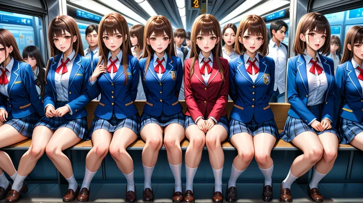 (super high quality:1.3), masterpiece, (high definition), HDR, 8k, school girls are sitting on a bench in uniform, crowded Busy Train Station,